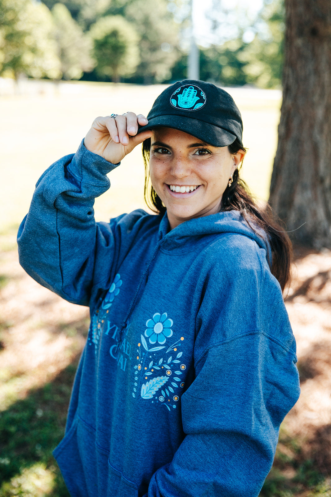 Hannah Bright Turquoise Hamsa Pattern Dad Hat with Leather Patch