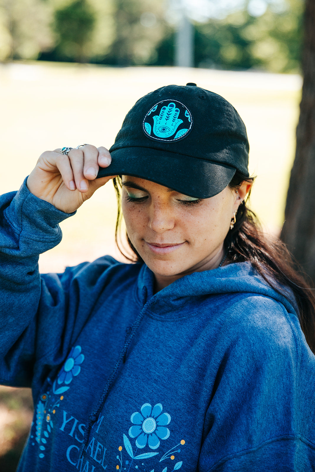 Hannah Bright Turquoise Hamsa Pattern Dad Hat with Leather Patch